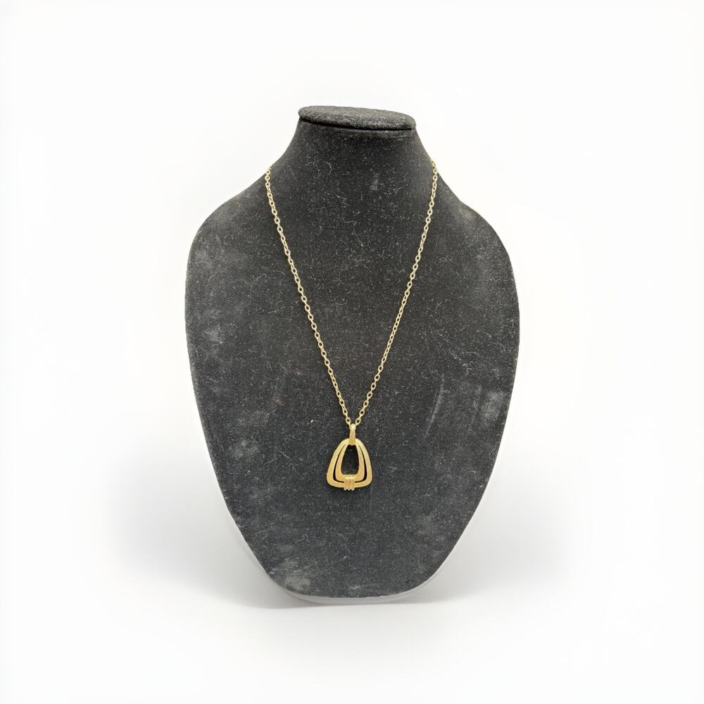 Vintage 1970s Modernist Gold Tone Geometric Long Pendant Necklace Brushed Finish